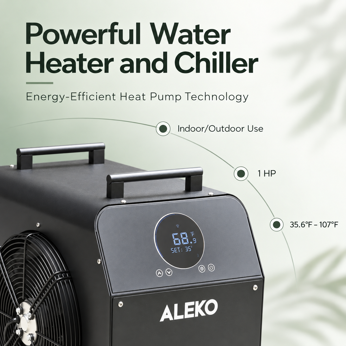 ALEKO 1 HP cold plunge water heater and chiller with touchscreen display, indoor/outdoor use, and 35.6°F to 107°F temperature range