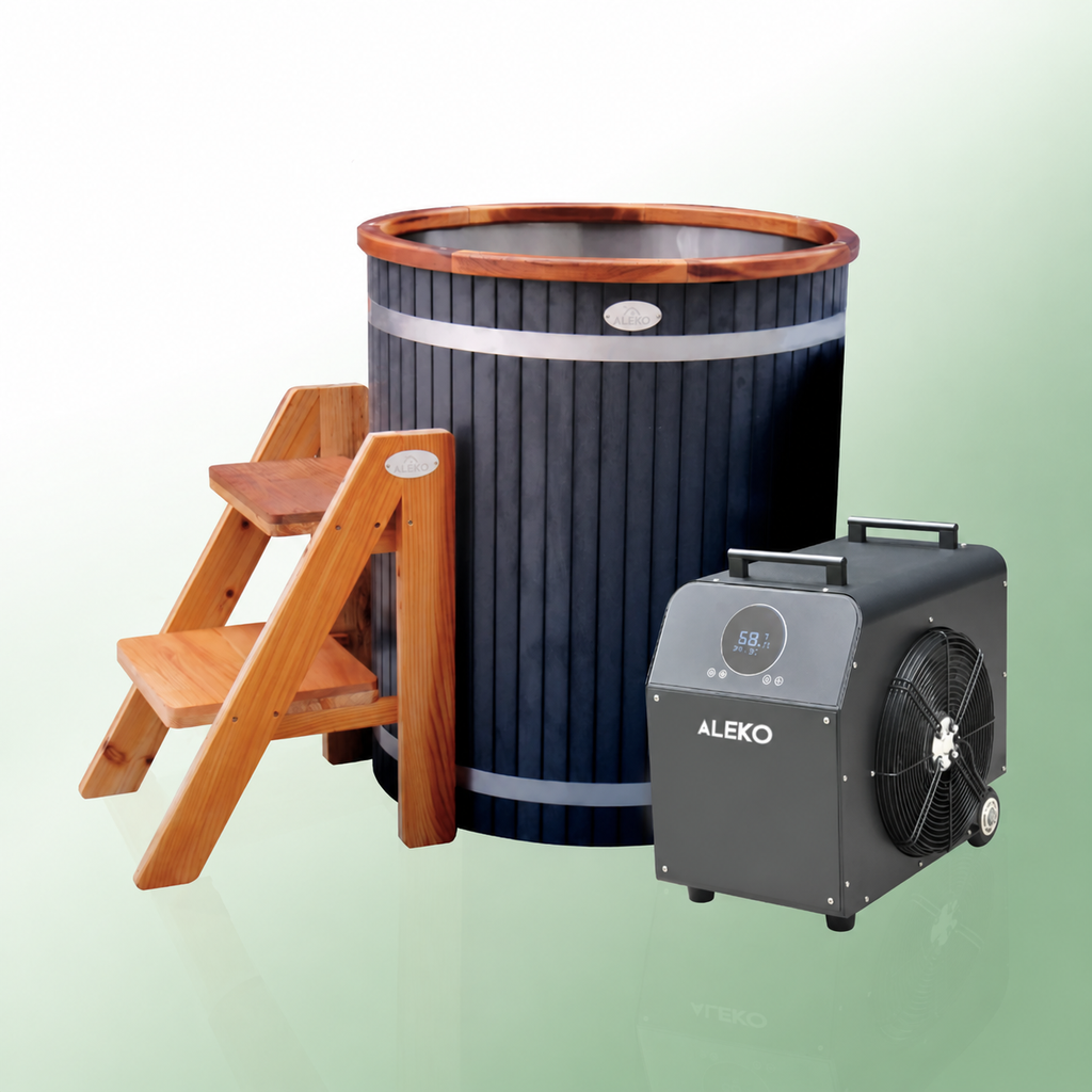 ALEKO Lumina vertical cold plunge with cedar steps and 1 HP chiller and heater on a soft green background