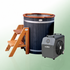 ALEKO Lumina vertical cold plunge with cedar steps and 1 HP chiller and heater on a soft green background