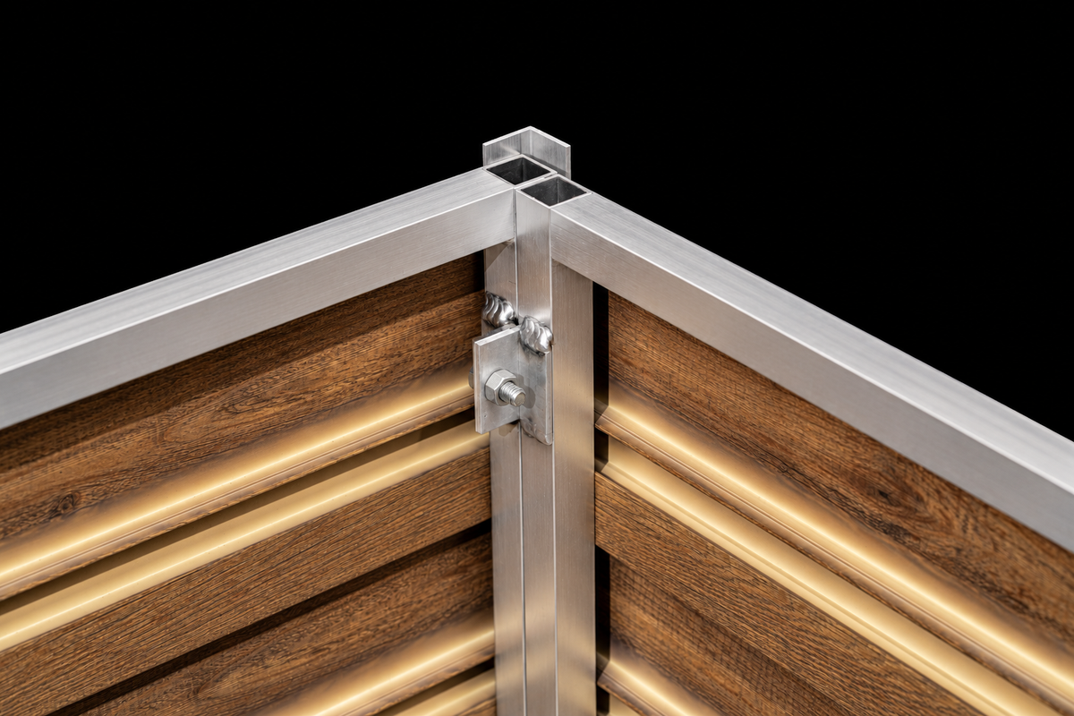Close-up of the welded aluminum corner frame and reinforced connection inside the Firefly 36-inch square fire pit enclosure