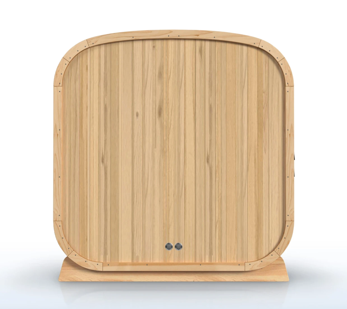ALEKO Arnica 6-Person Rustic Cedar Outdoor Sauna rear view showing solid cedar construction, rounded cabin design, and rear ventilation openings