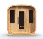 ALEKO Arnica 6-Person Rustic Cedar Outdoor Sauna front view with rounded cedar cabin, tinted glass door, side windows, and black trim