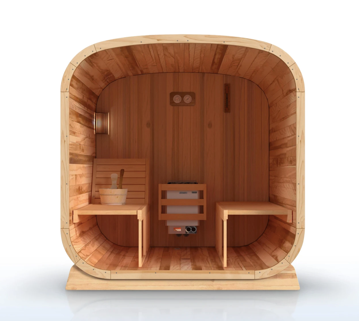 ALEKO Arnica 6-Person Rustic Cedar Outdoor Sauna interior cutaway showing adjustable benches, cedar walls, sauna heater, bucket, and interior layout
