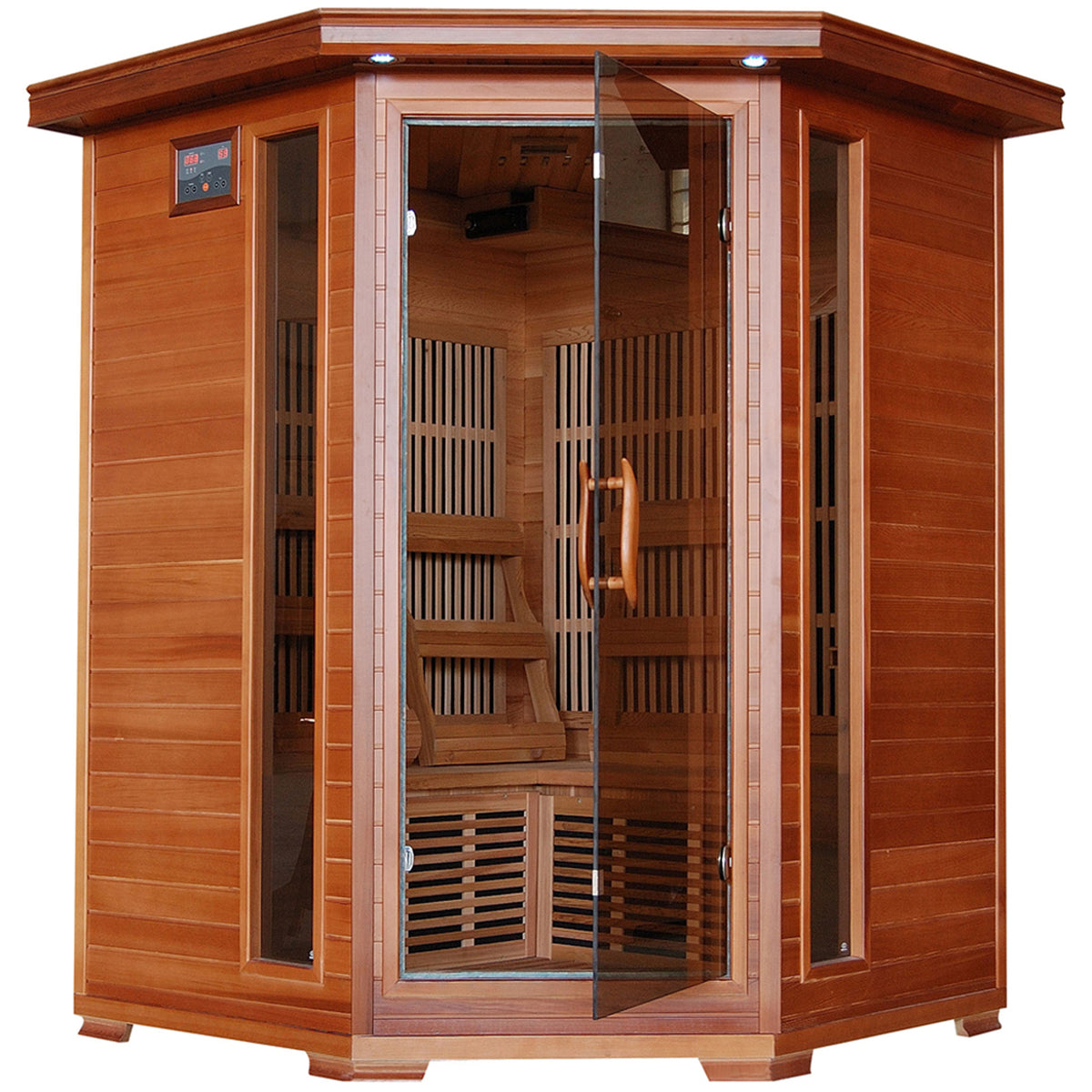 HeatWave Hudson Bay 3-person cedar corner infrared sauna with glass door on a white background