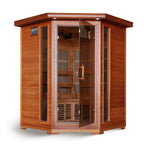 HeatWave Hudson Bay 3-person cedar corner infrared sauna with glass door on a white background