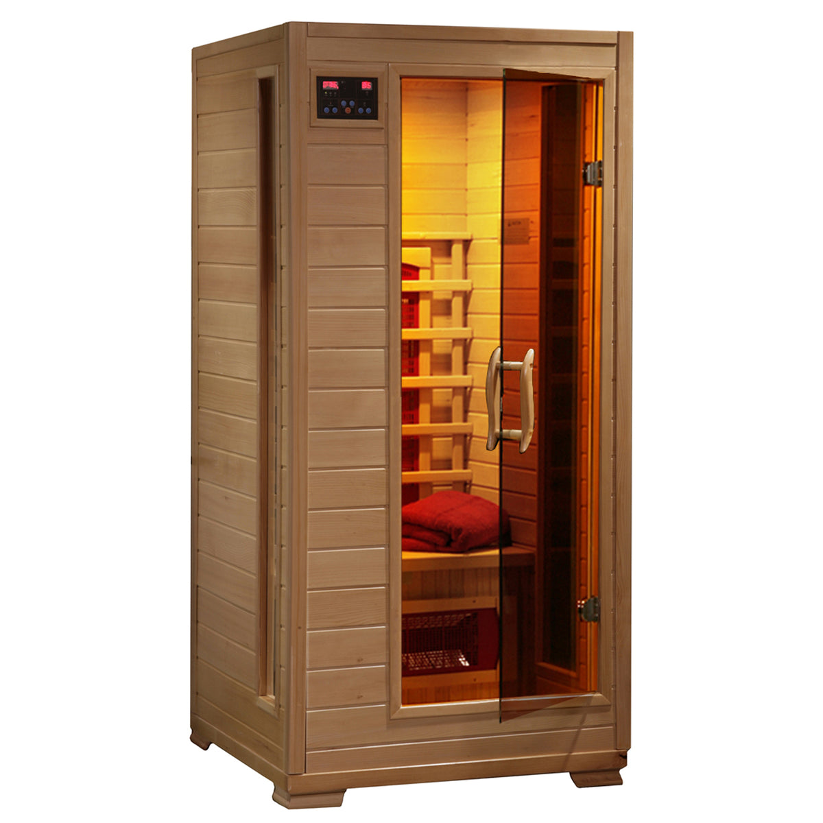 HeatWave Buena Vista 1–2 person hemlock infrared sauna with glass door and interior ceramic heaters on a white background