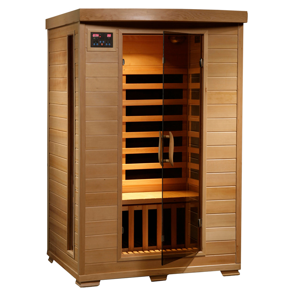 HeatWave Coronado 2-person hemlock infrared sauna with glass door and interior carbon heaters on a white background