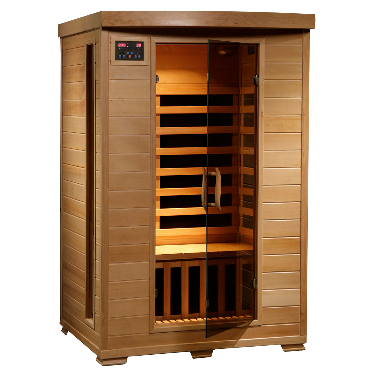 HeatWave Coronado 2-person hemlock infrared sauna with glass door and interior carbon heaters on a white background