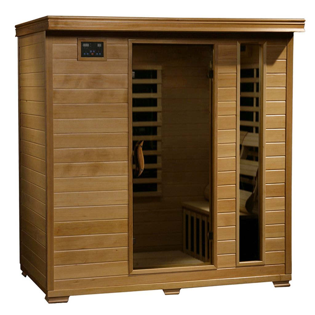 HeatWave Monticello 4-person hemlock infrared sauna with glass door on a white background