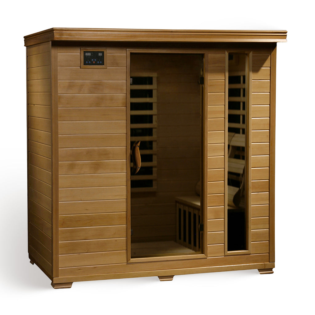 HeatWave Monticello 4-person hemlock infrared sauna with open door on a white background