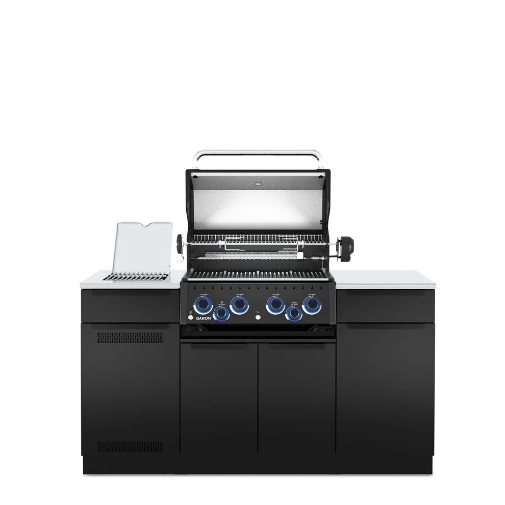 Front view of the Broil King Baron 490i Pro IR Shadow outdoor kitchen island with grill hood open, showing stainless steel cooking grids, warming rack, infrared side burner, and Shadow Black cabinetry.