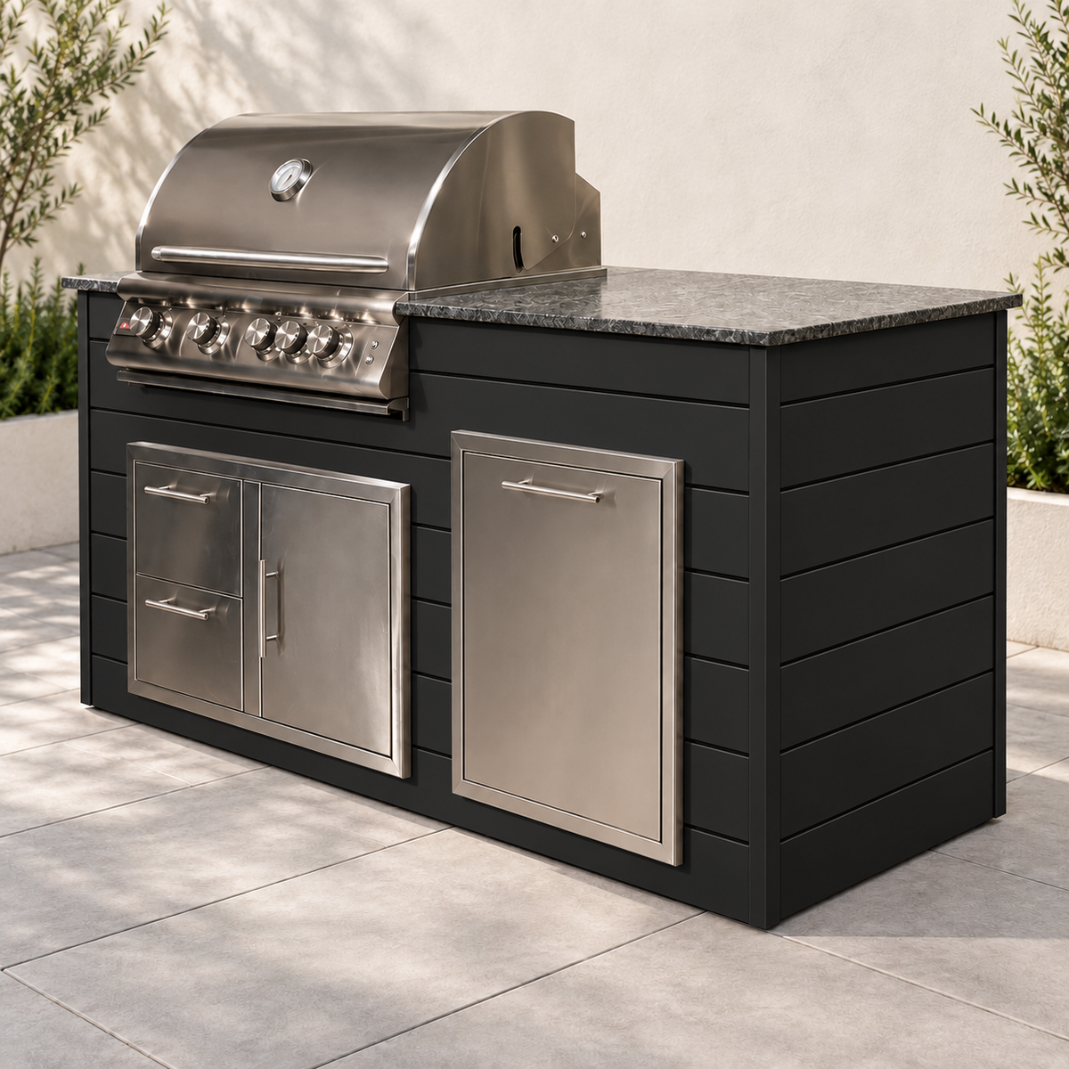 Firefly 6 ft outdoor kitchen island in Black 140 aluminum cladding, shown with a stainless steel grill, doors, drawers, and dark countertop.