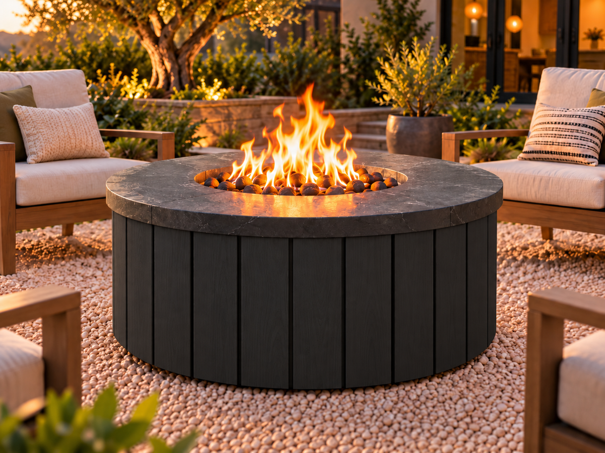 EZ Finish Firefly 48-inch round fire pit with Universal 140 aluminum cladding in Black finish, shown lit in an outdoor patio setting.