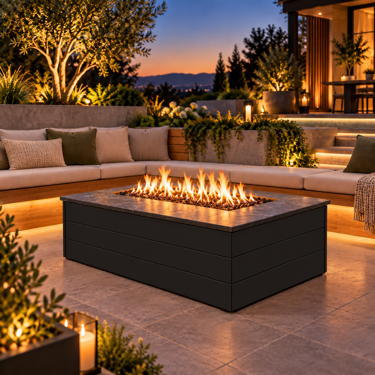 EZ Finish Firefly 48 x 32 rectangular fire pit with Black 140 horizontal cladding on a landscaped patio at dusk.