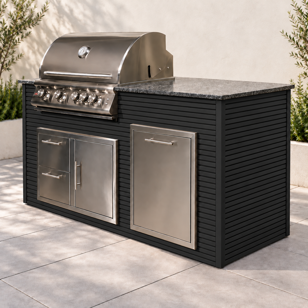 Firefly 6 ft outdoor kitchen island in Black 2+2 aluminum cladding, shown with a stainless steel grill, doors, drawers, and dark countertop.