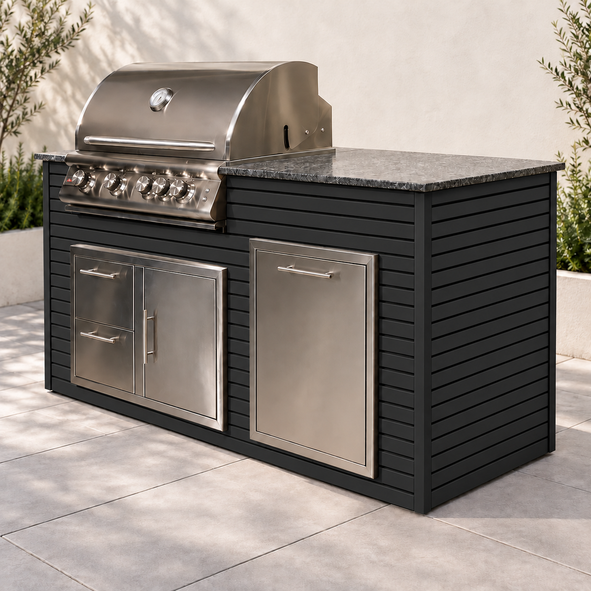 Firefly 6 ft outdoor kitchen island in Black 4+4 aluminum cladding, shown with a stainless steel grill, doors, drawers, and dark countertop.