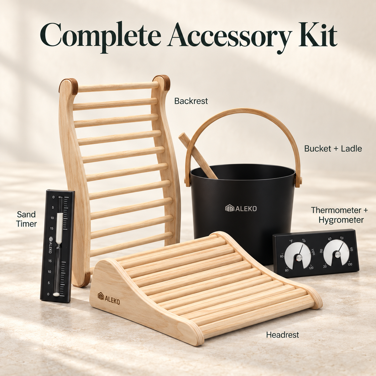 ALEKO Bluet sauna accessory kit with backrest, headrest, bucket, ladle, timer, thermometer and hygrometer.