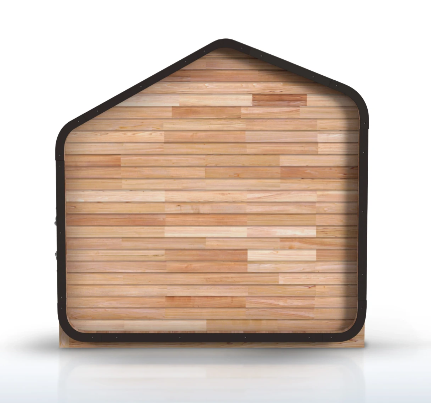 Rear view of the ALEKO Bluet 6-person outdoor sauna showing its 38 mm red cedar wall construction and black trim.