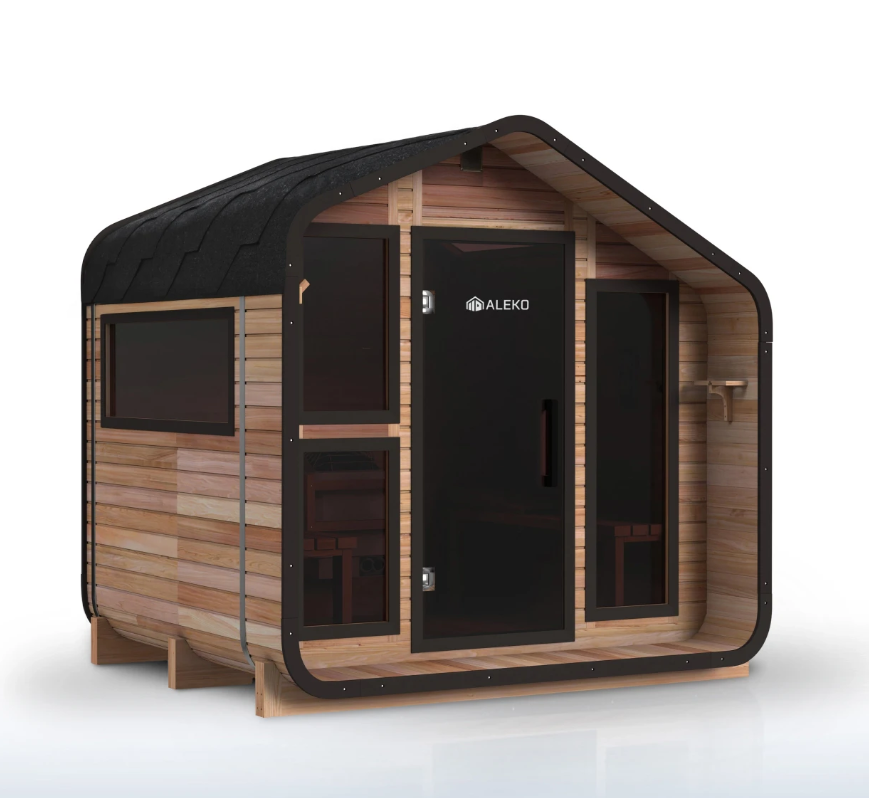 Front-left view of the ALEKO Bluet 6-person red cedar outdoor sauna with black trim and full-length glass door.
