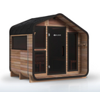 Front-left view of the ALEKO Bluet 6-person red cedar outdoor sauna with black trim and full-length glass door.