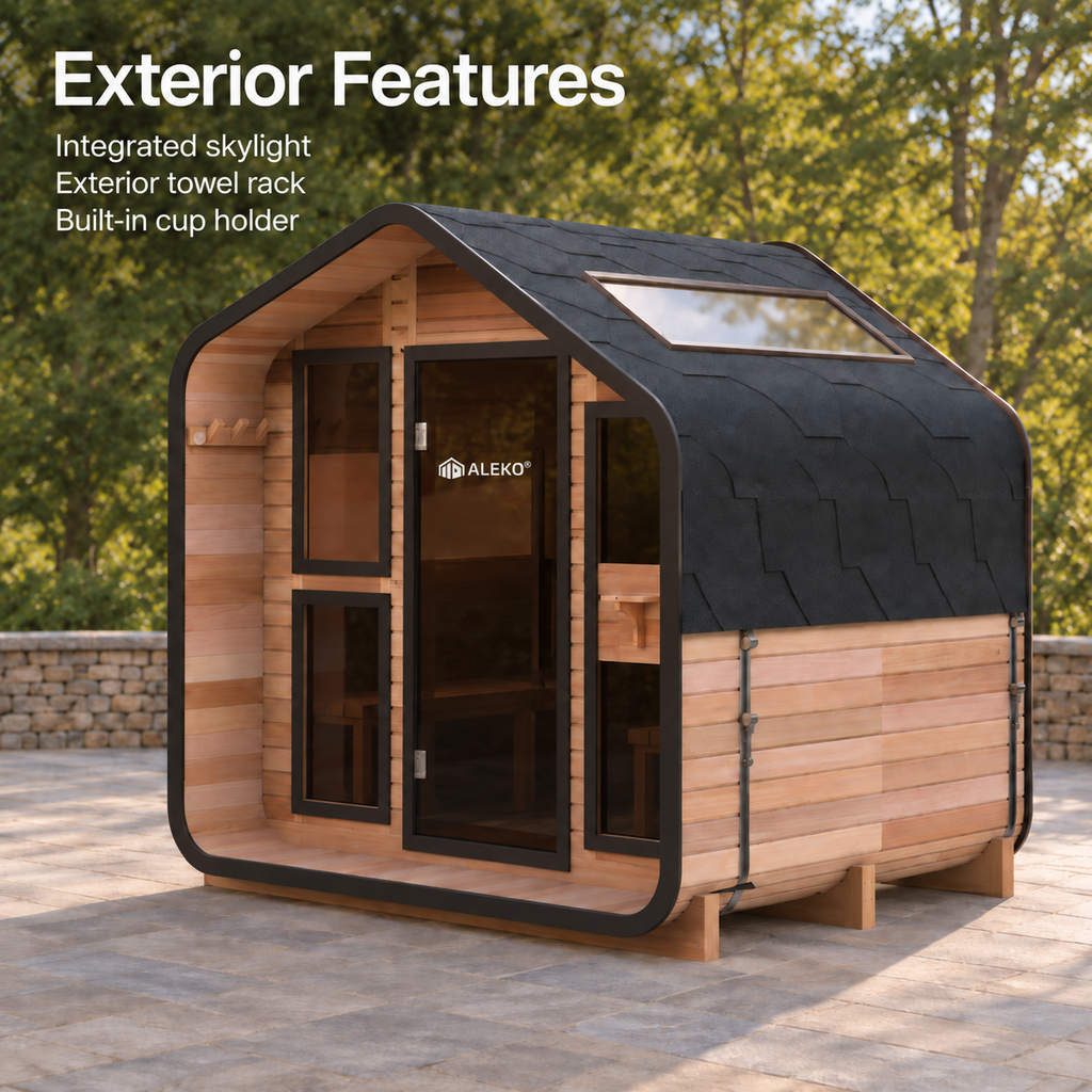 ALEKO Bluet outdoor sauna with an integrated skylight, exterior towel rack and built-in cup holder.