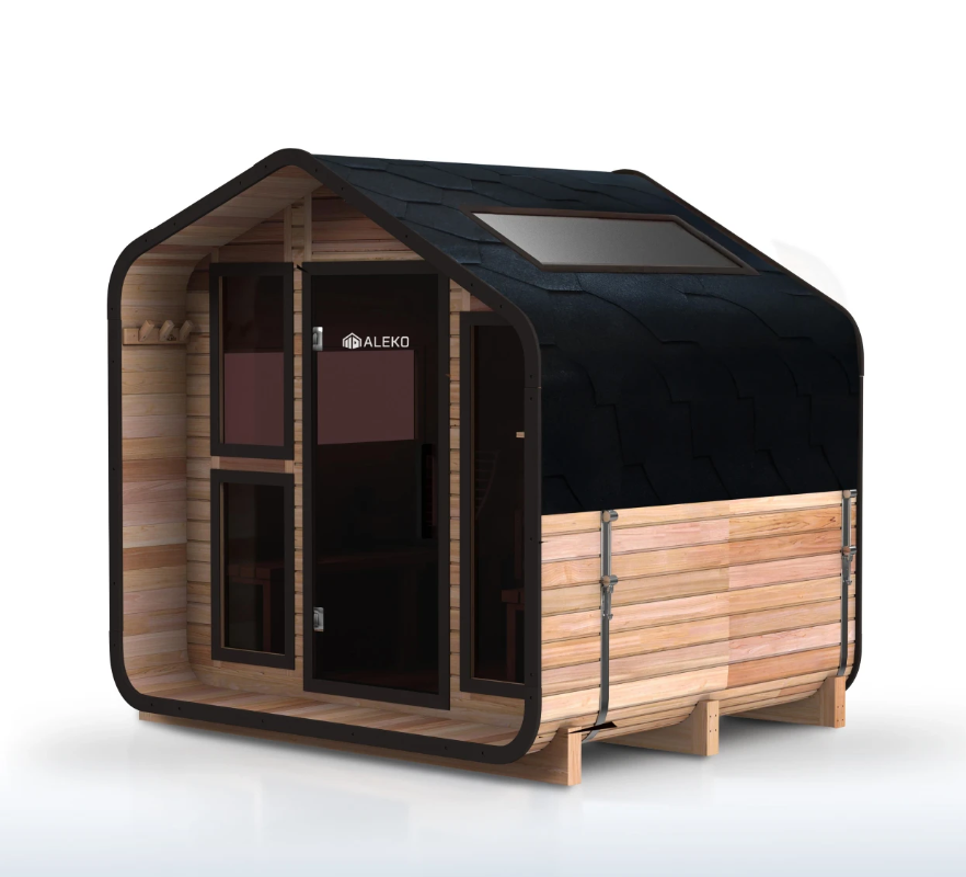 Right-side view of the ALEKO Bluet 6-person red cedar outdoor sauna with a black shingle roof and skylight.