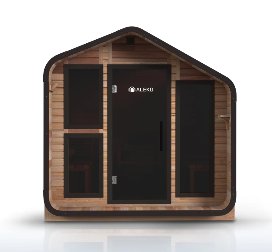 Front view of the ALEKO Bluet 6-person red cedar outdoor sauna with a full-length glass door and black trim.
