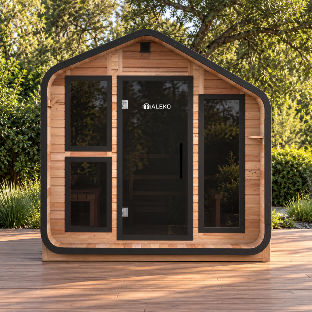 ALEKO Bluet 6-person red cedar outdoor sauna with black trim and glass door in a backyard setting.