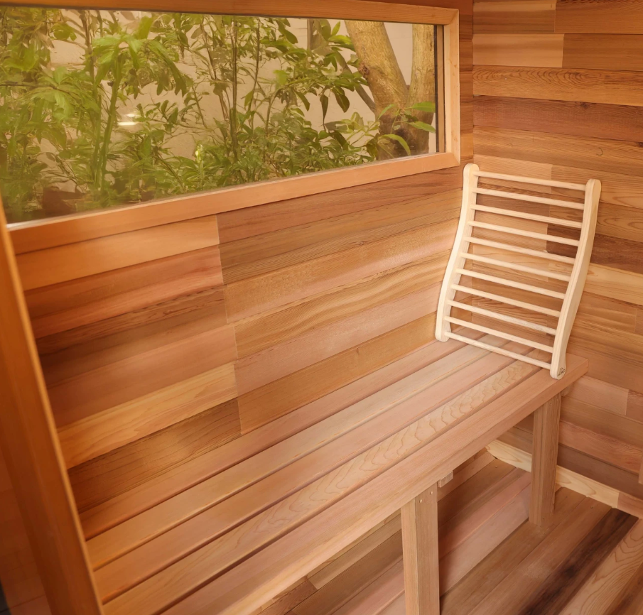 Red cedar bench and wooden backrest inside the ALEKO Bluet 6-person outdoor sauna.