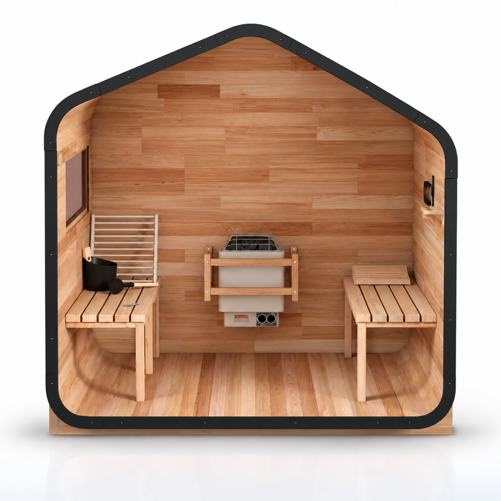 Interior of the ALEKO Bluet 6-person outdoor sauna with red cedar benches, Harvia heater and included accessories.
