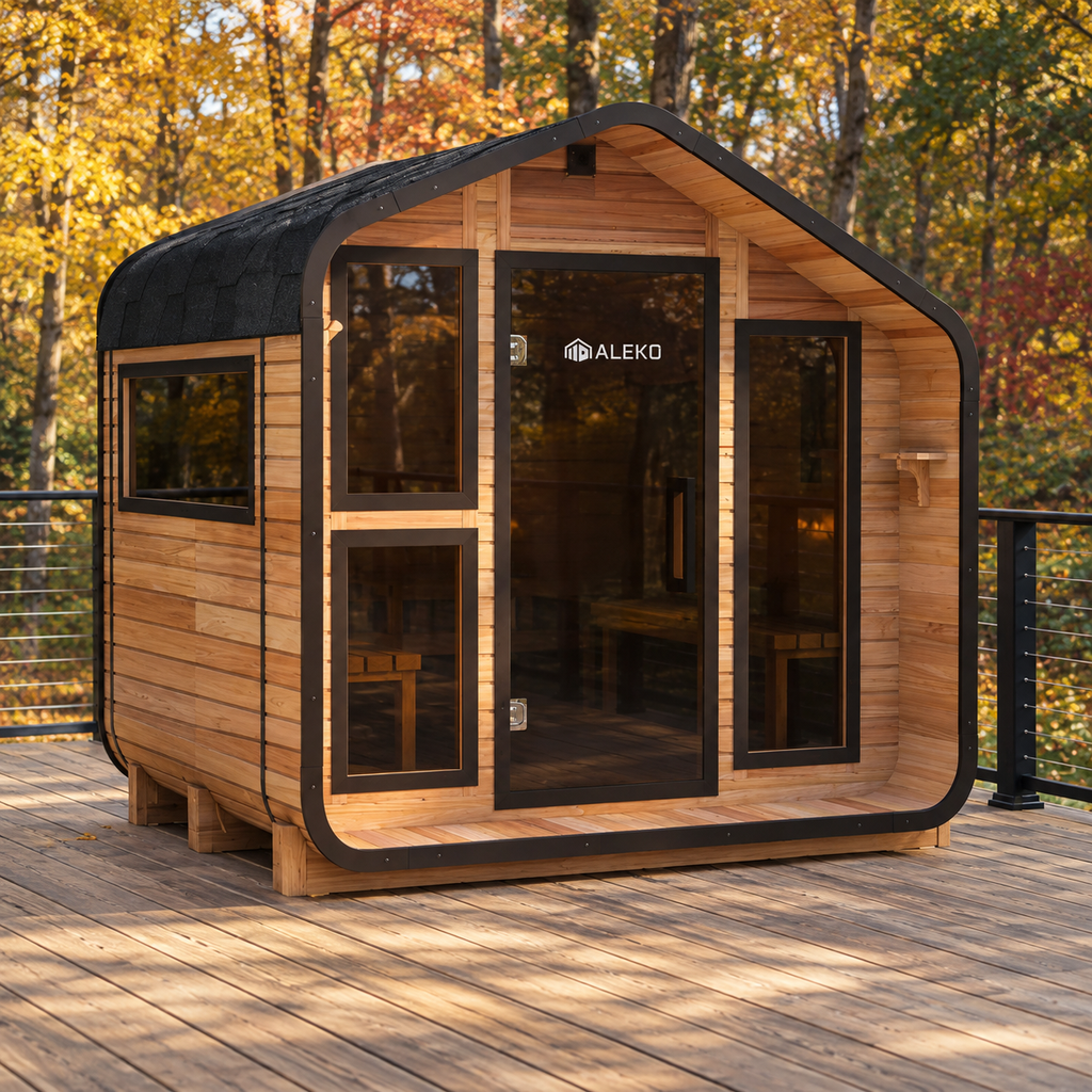 ALEKO Bluet 6-person red cedar outdoor sauna on a backyard deck surrounded by autumn trees.