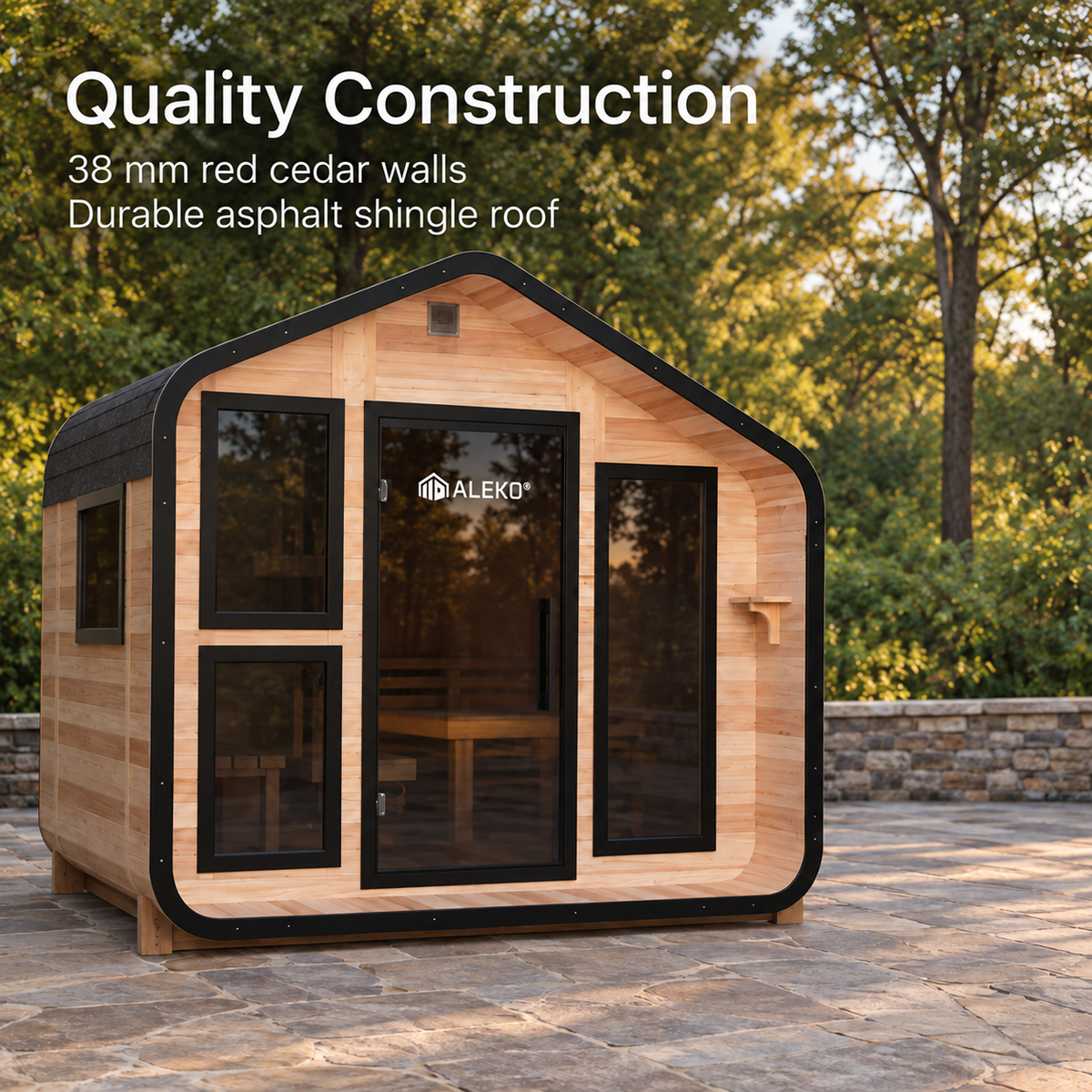 ALEKO Bluet 6-person outdoor sauna with 38 mm red cedar walls, black trim and an asphalt-shingle roof.