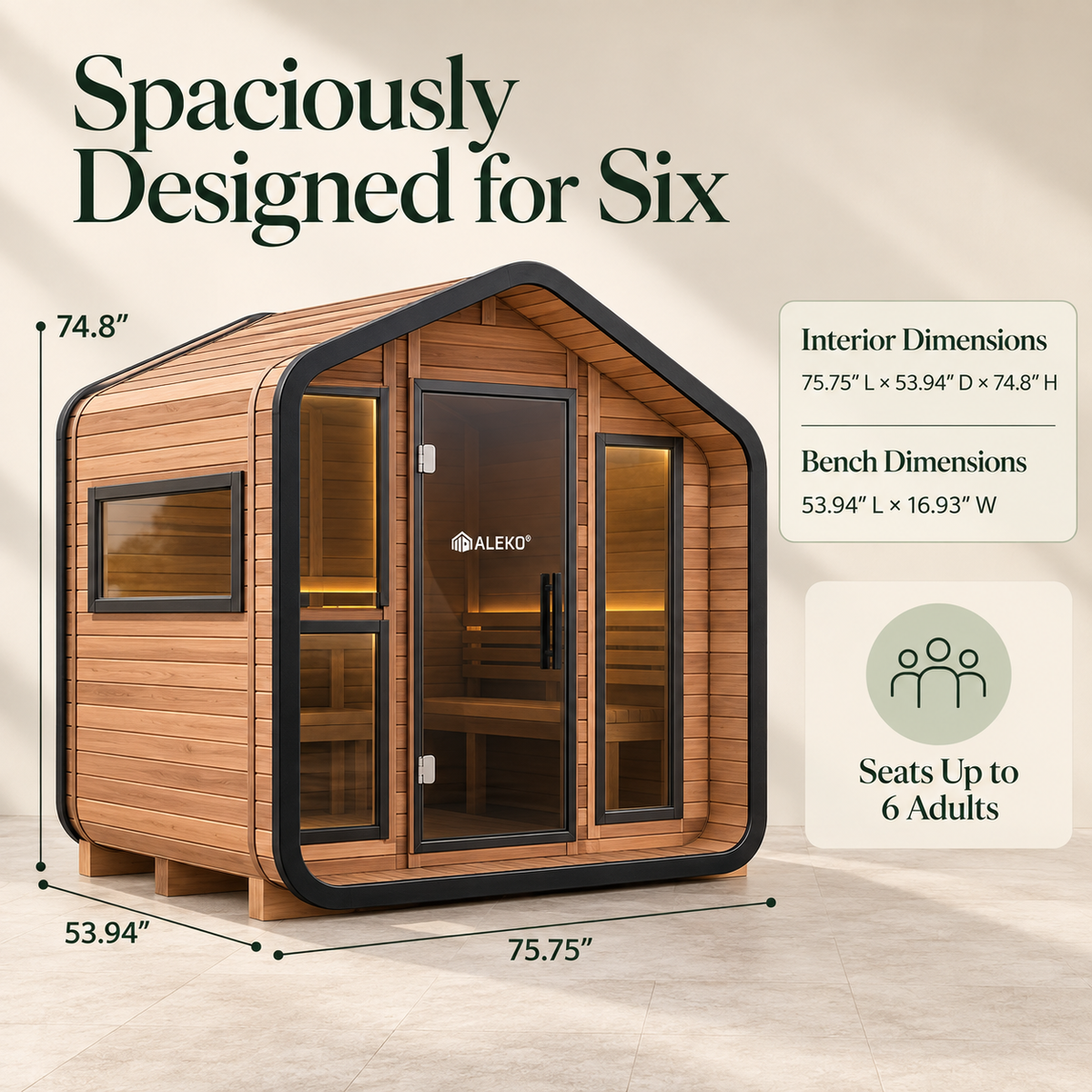 ALEKO Bluet 6-person outdoor sauna showing interior and bench dimensions in a premium red cedar cabin design.