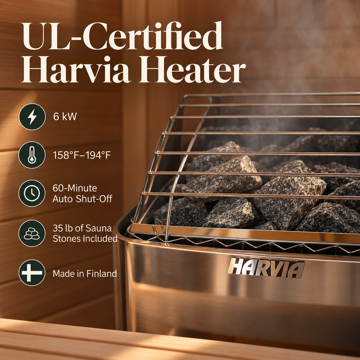 UL-certified 6 kW Harvia KIP heater with sauna stones for the ALEKO Bluet 6-person outdoor sauna.