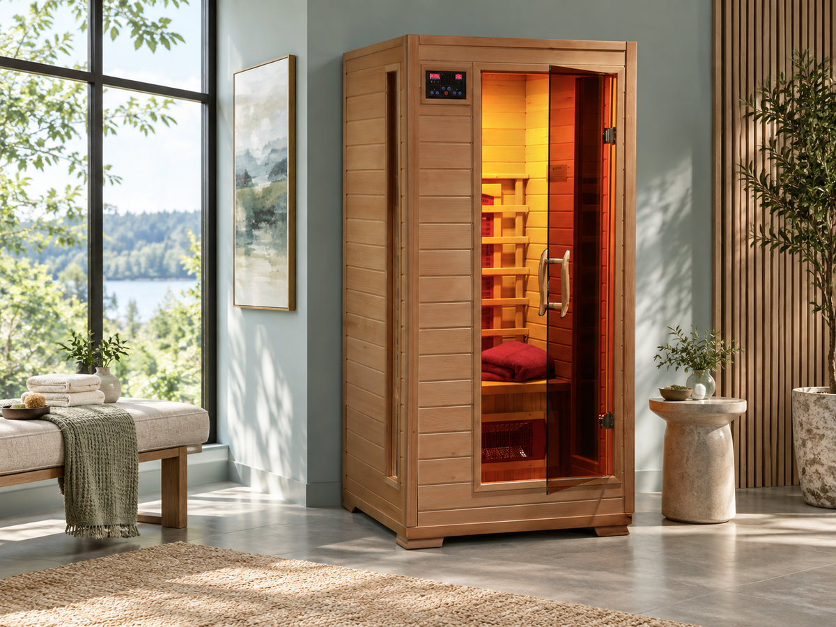 HeatWave Buena Vista 1–2 Person Infrared Sauna in a bright modern home wellness room with large windows and warm interior lighting