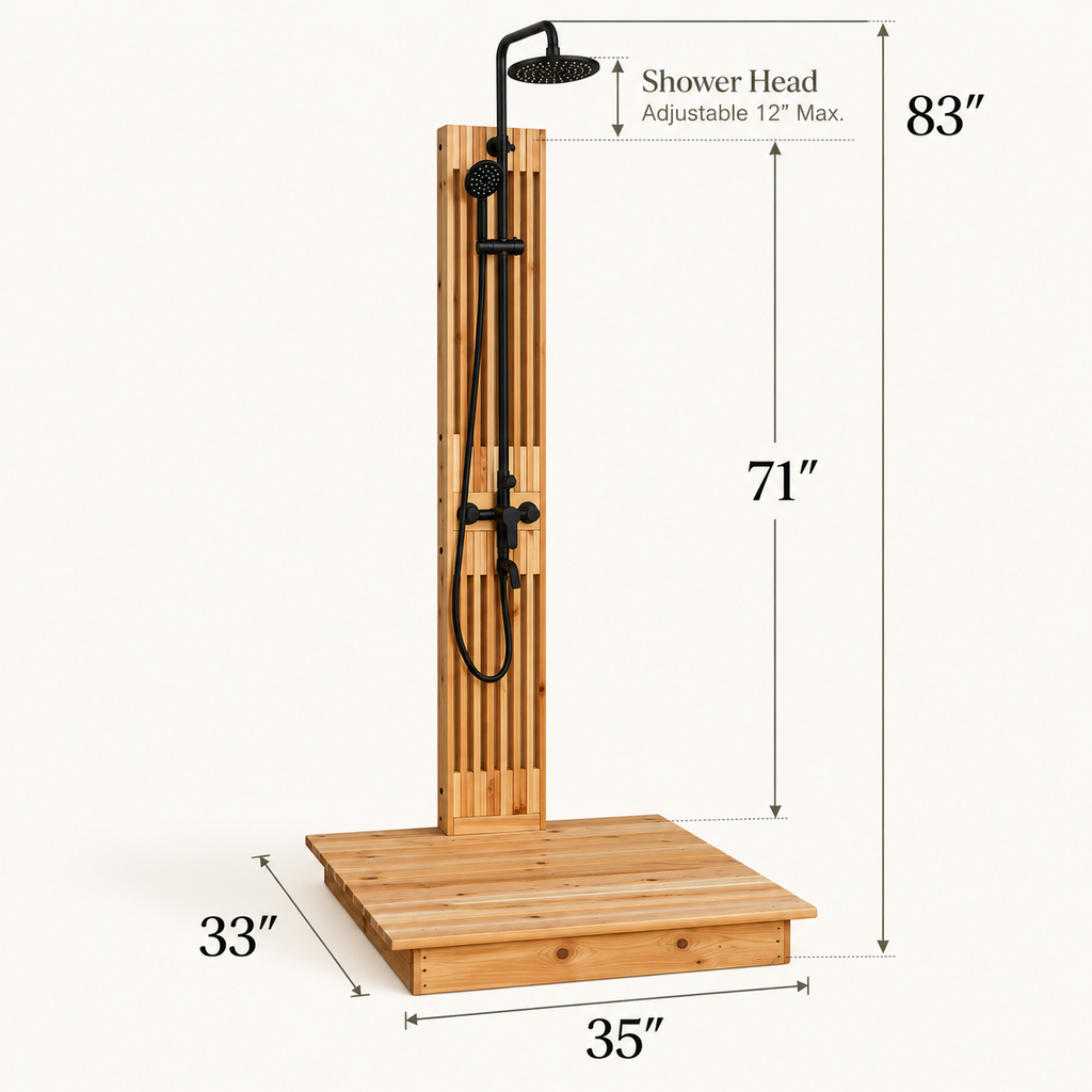 Cascade cedar outdoor shower dimensions showing 35-inch width, 33-inch depth, 83-inch height, and adjustable showerhead.