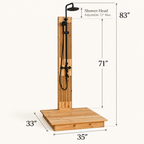 Cascade cedar outdoor shower dimensions showing 35-inch width, 33-inch depth, 83-inch height, and adjustable showerhead.