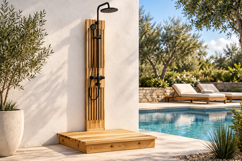 Cedar outdoor shower with black rainfall showerhead and handheld sprayer installed beside a swimming pool and lounge area.