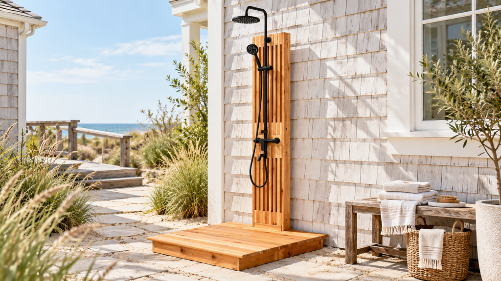 Cedar outdoor shower with black rainfall showerhead, handheld sprayer, and wooden platform beside a shingle-sided home.