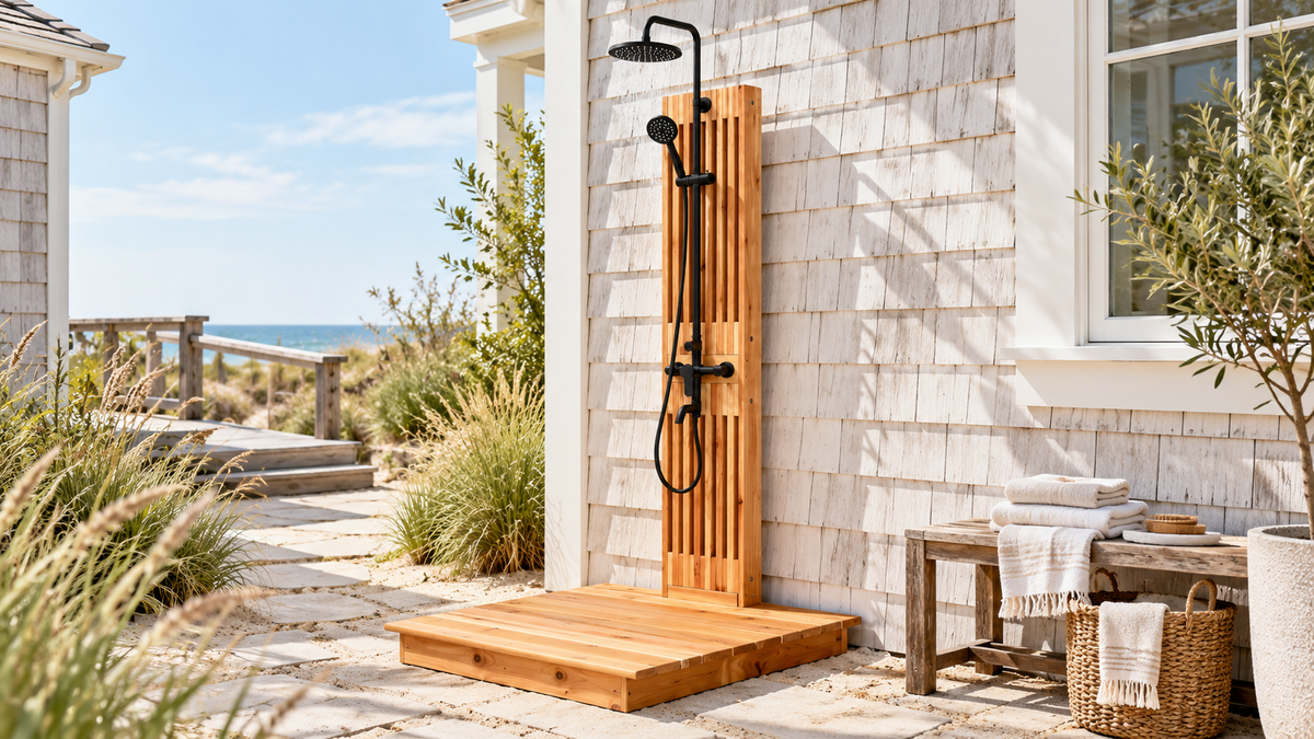 Cedar outdoor shower with black rainfall showerhead, handheld sprayer, and wooden platform beside a shingle-sided home.