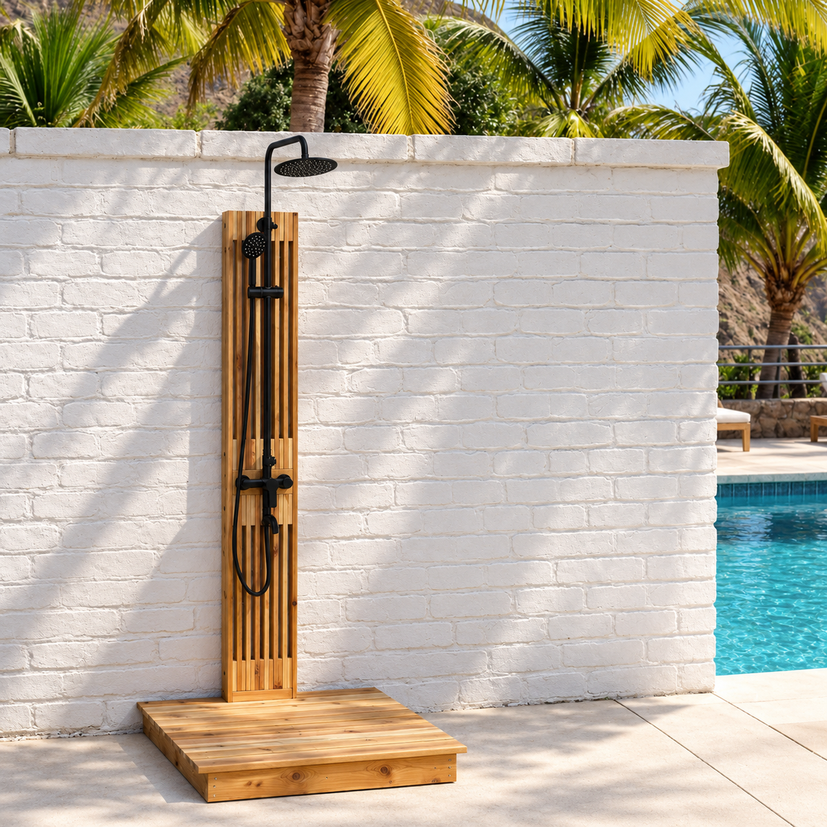 Cedar outdoor shower with black rainfall showerhead and handheld sprayer installed beside a tropical pool area.