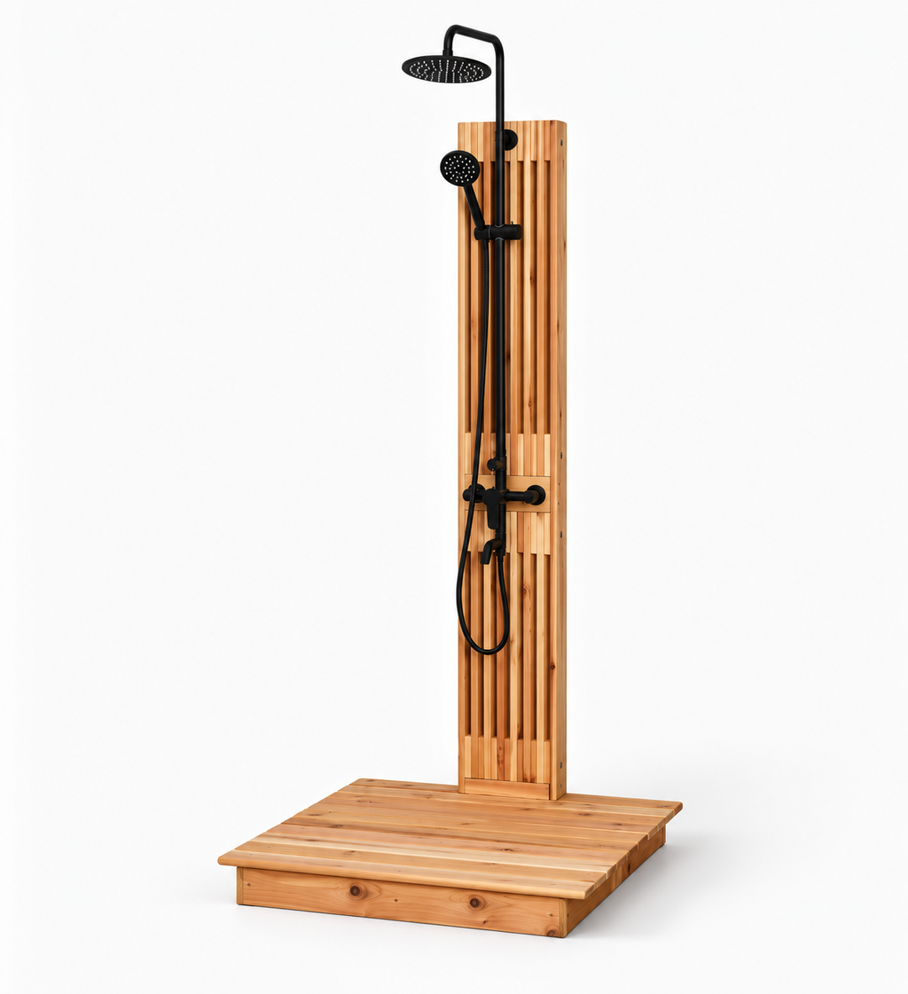 Freestanding cedar outdoor shower with black rainfall showerhead, handheld sprayer, and matching wooden platform.