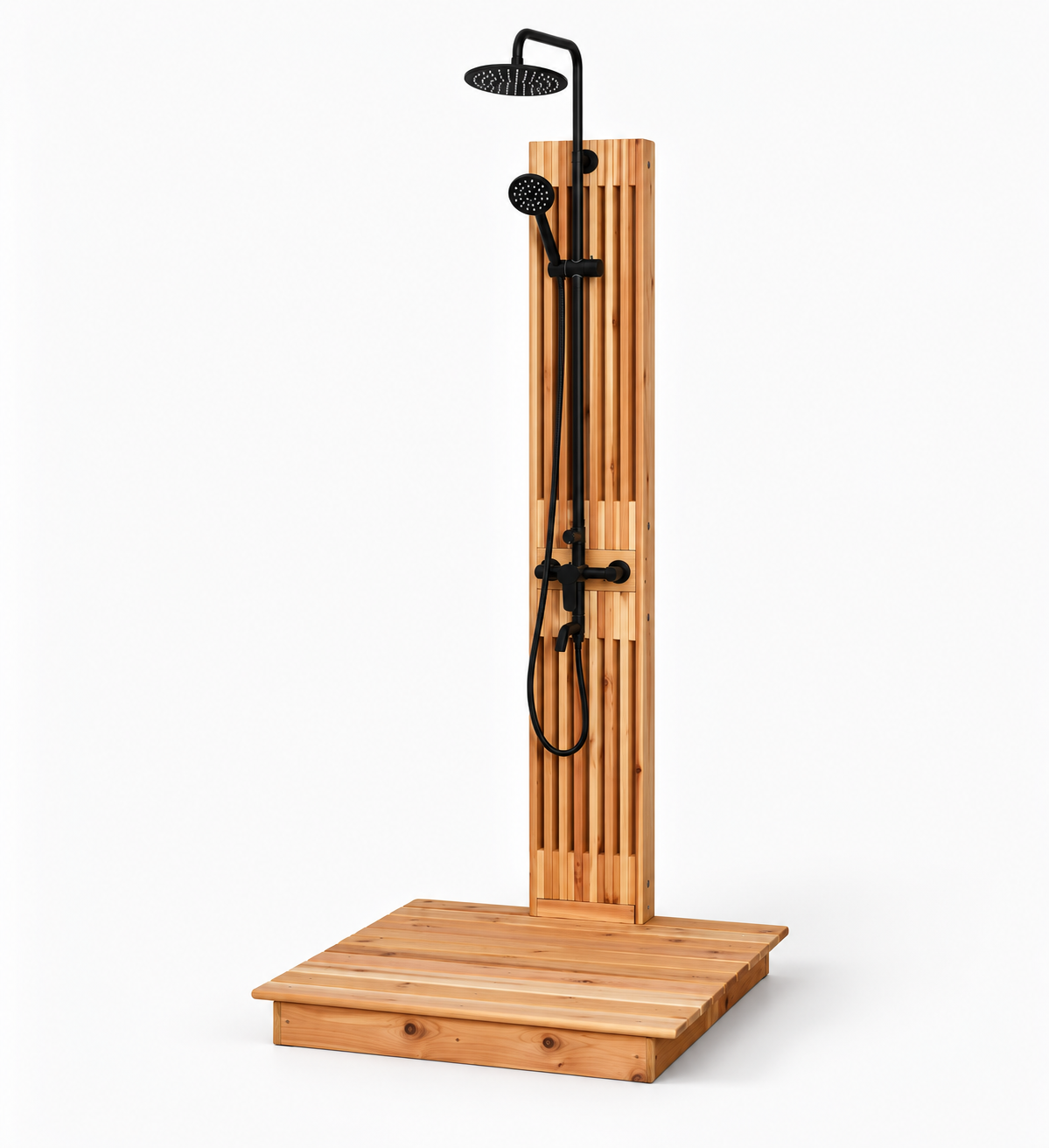 Freestanding cedar outdoor shower with black rainfall showerhead, handheld sprayer, and matching wooden platform.