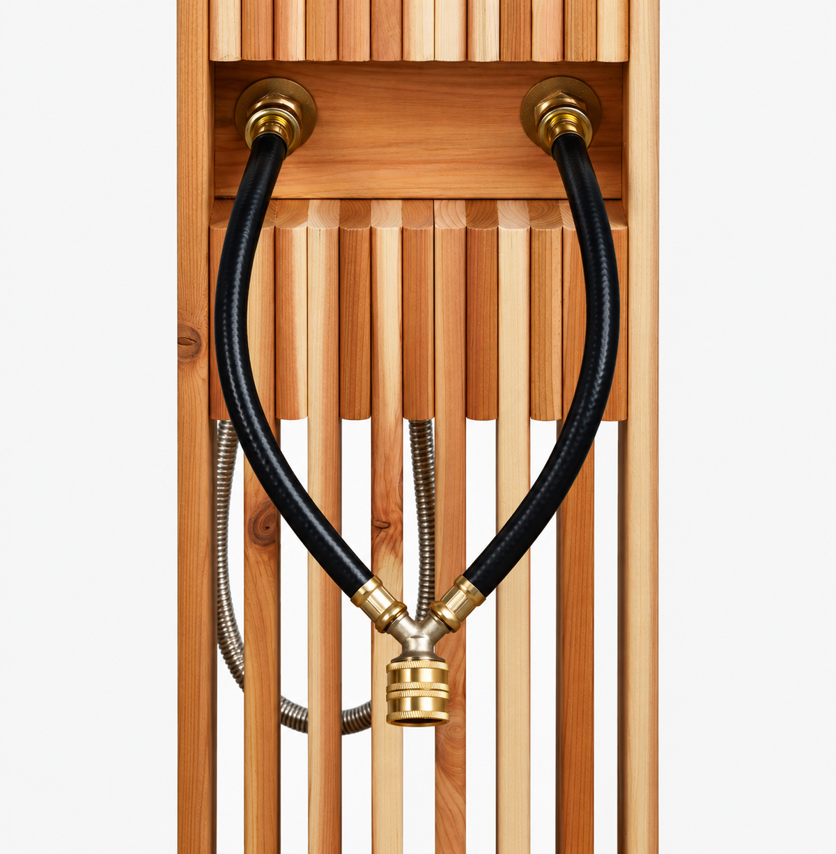 Rear view of cedar outdoor shower showing dual black water supply hoses and brass hose connection fittings.