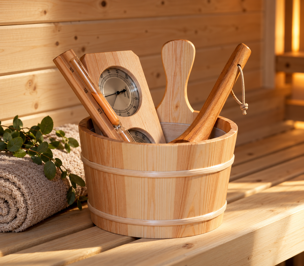ALEKO Celasia sauna accessories including wooden bucket, scoop, sand timer, thermo-hygrometer, and sauna tools on a pine bench