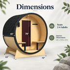 ALEKO Celasia outdoor barrel sauna dimensions showing 65-inch depth, 73-inch width, 79-inch height, and 2–4 person interior capacity