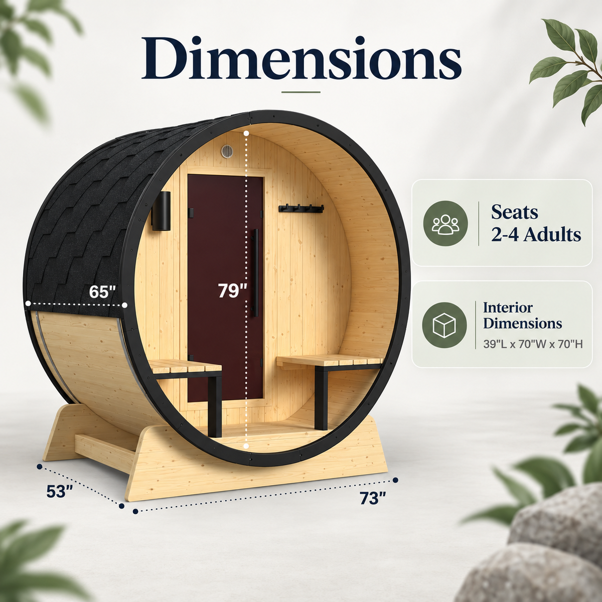ALEKO Celasia outdoor barrel sauna dimensions showing 65-inch depth, 73-inch width, 79-inch height, and 2–4 person interior capacity