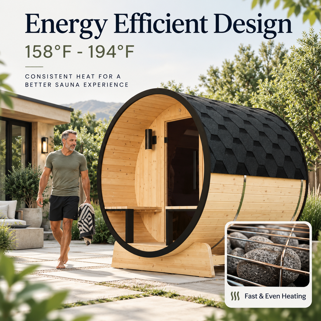 ALEKO Celasia outdoor barrel sauna energy-efficient design graphic showing 158–194°F temperature range, sauna stones, and fast even heating