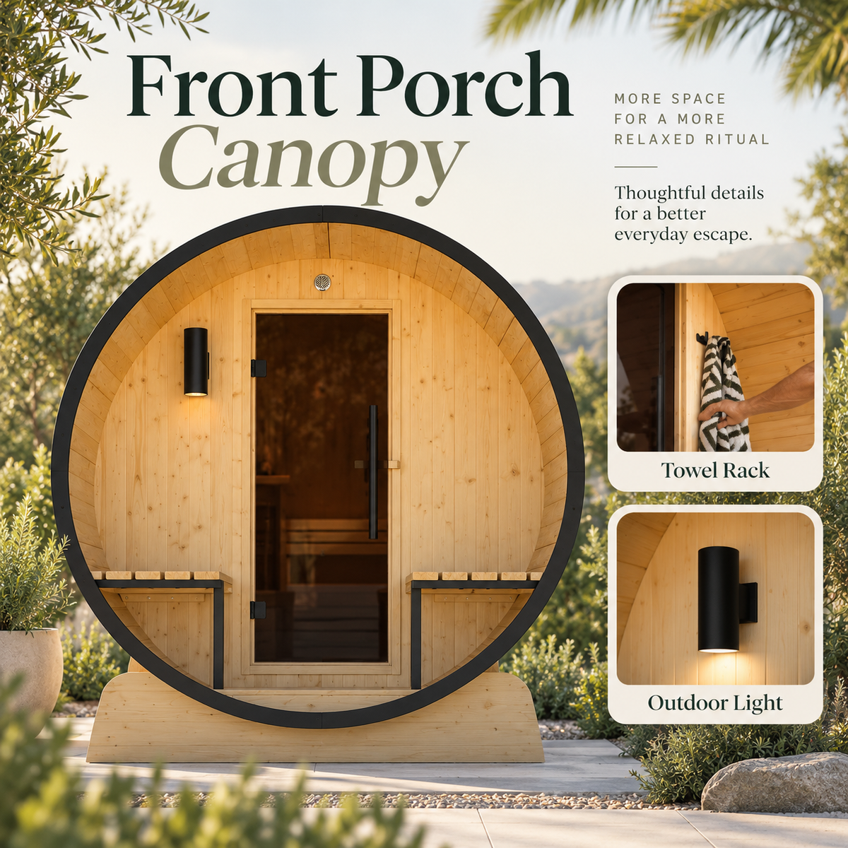 ALEKO Celasia outdoor barrel sauna front porch canopy graphic highlighting exterior seating, towel rack, and outdoor light