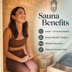 Woman relaxing inside the ALEKO Celasia traditional outdoor sauna with Harvia heater and wellness benefits graphic